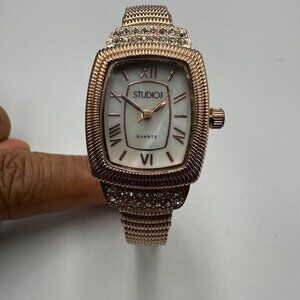 3/$30 Studio Time Watch Women Rose Gold Tone Hinged Cuff Textured Band